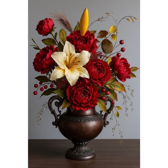 Silk Fall Floral Arrangement Metal Urn Vase Red Roses Yellow Lilies Flowers - Picture 1 of 6